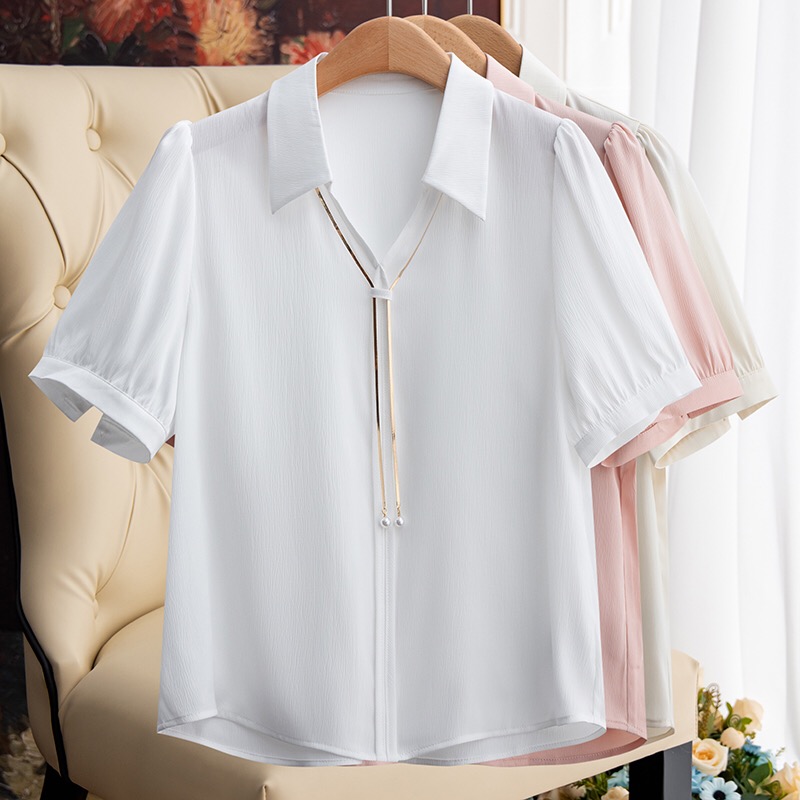 夏季新款时尚V领简约通勤纯色醋酸缎面衬衫韩版气质女短袖上衣