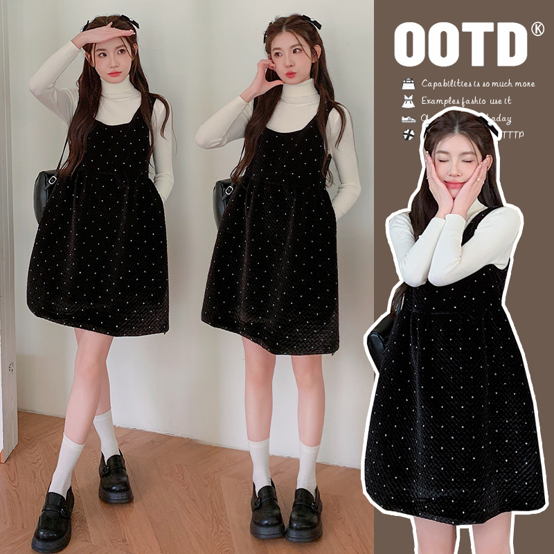 时髦孕妇秋冬法式小香风闪闪背带丝绒连衣裙秋冬内搭针织打底衫潮