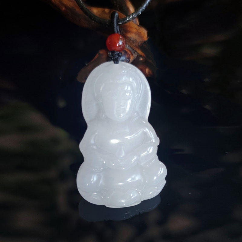 天然新疆金丝玉坐观音吊坠白色石英岩玉红玛瑙