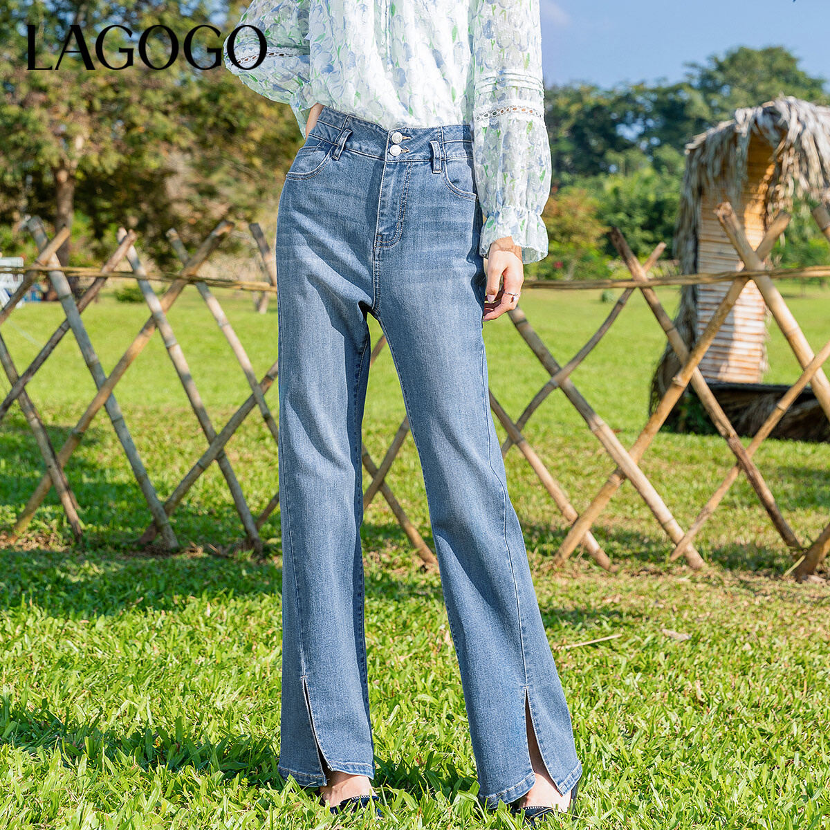 【618抢先购】lagogo新款高腰微喇显瘦牛仔裤NANN531G61