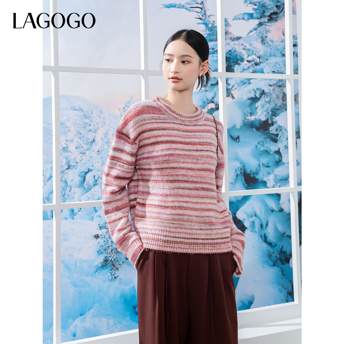 【晚晚专属】lagogo粉色花式纱线条纹针织衫女NCMM429GC8