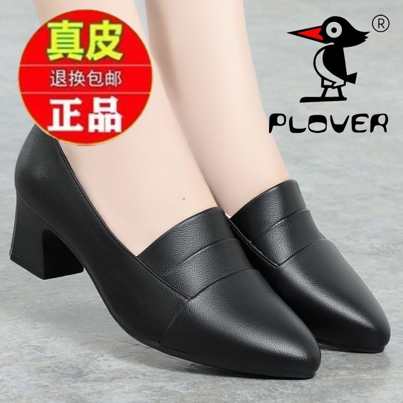 啄木鸟真皮软底中跟尖头时尚女鞋2024春秋单鞋粗跟浅口百搭工作鞋