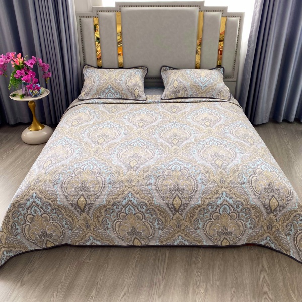 欧式【灰色佩斯里】双面纯棉高密床盖轻奢多功能夹棉精梳绗缝被PS