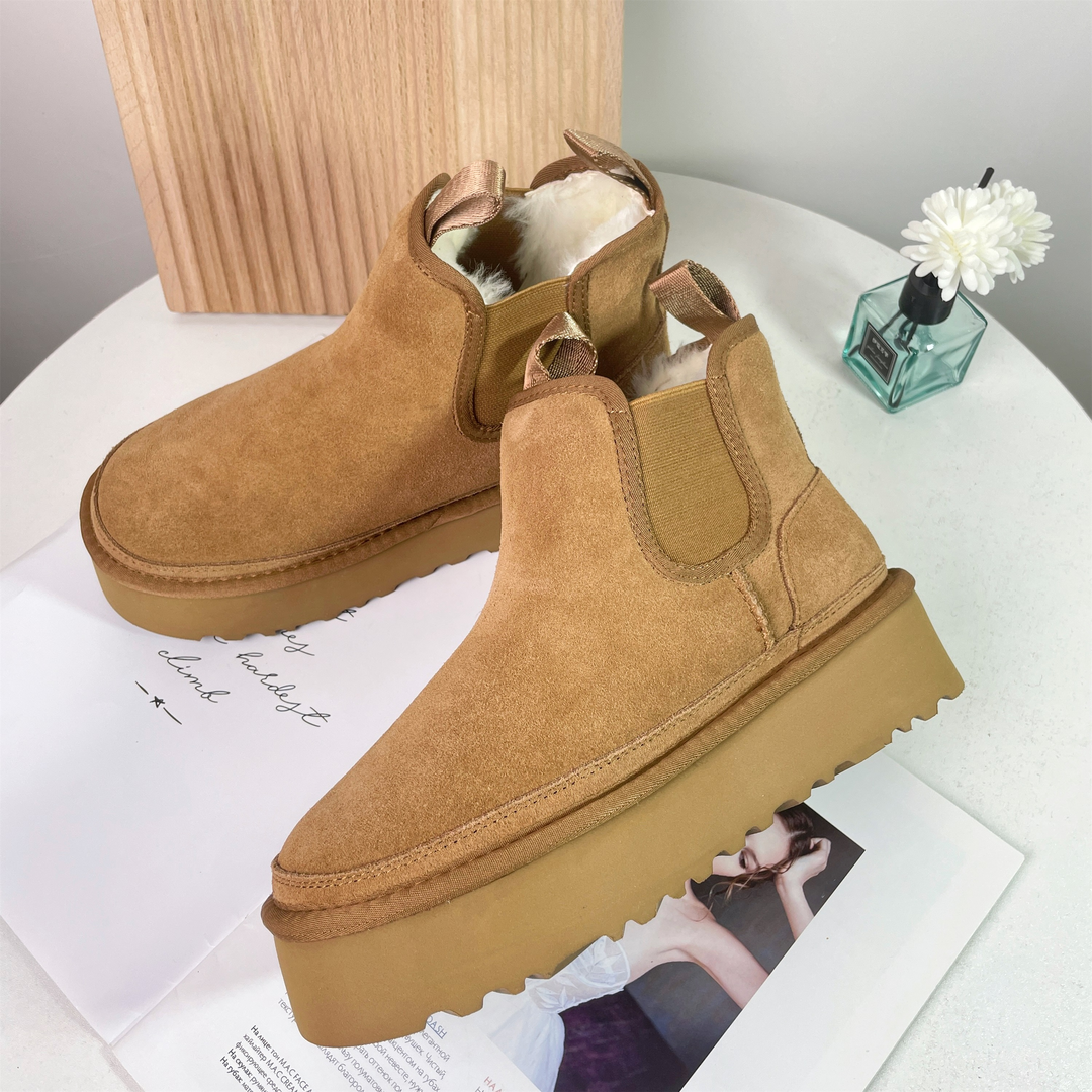 【厚底4CM|切尔西】皮毛一体2023冬新款桑坡百搭短靴冬季厚底雪地靴