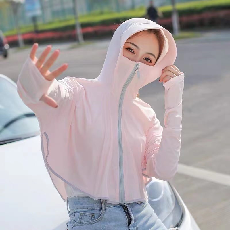 女款夏季薄款防紫外线长袖骑行连帽防晒衣3856