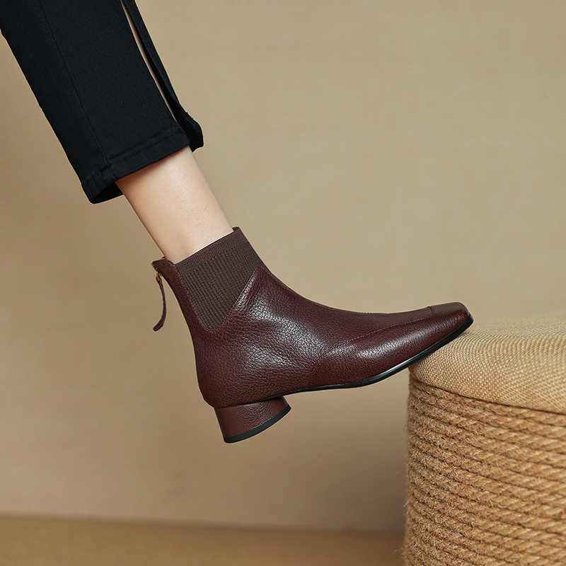 女鞋|34-40|3.0cm|法式复古方头荔枝纹羊皮弹力粗跟短靴