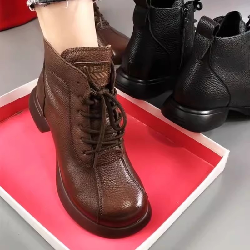 秋冬季回力休闲2023年秋冬手工复古短靴女圆头粗跟马丁靴软皮防滑