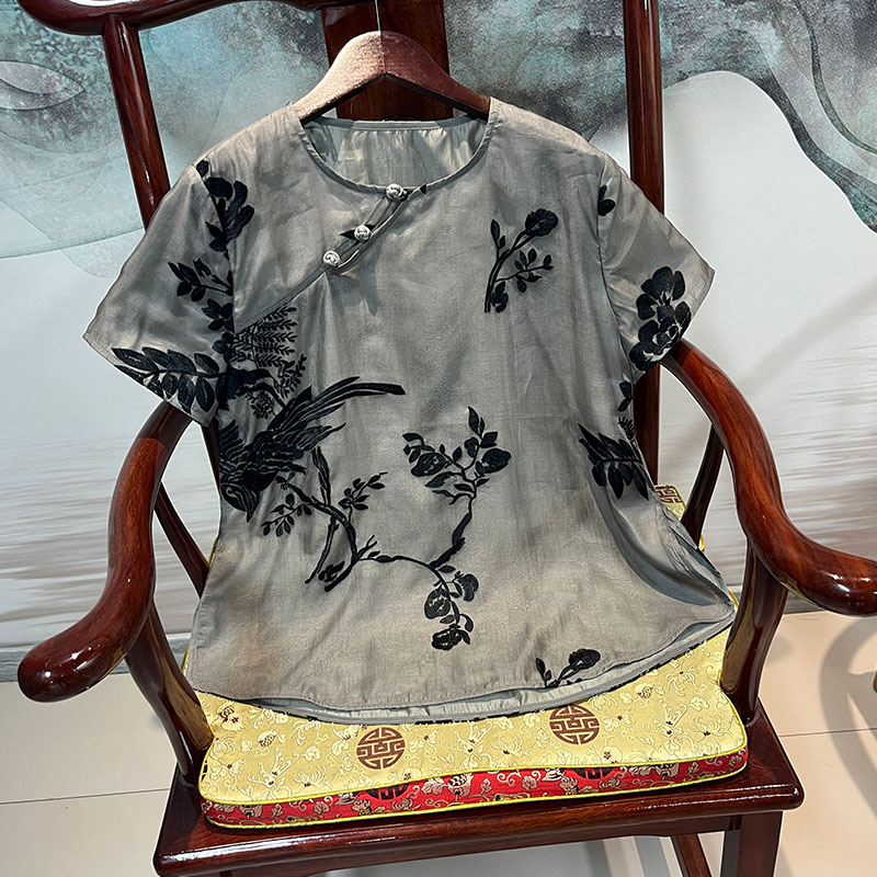 新中式国风女装新款时尚重工刺绣中式盘扣上衣宽松新中式短袖8881