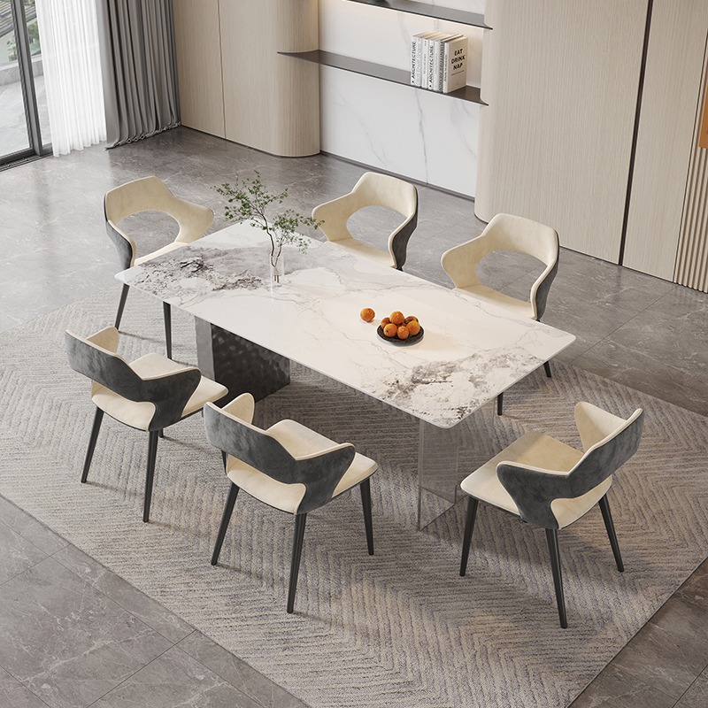 意式长方形岩板餐桌椅组合亚克力不锈钢餐厅家用小户型客厅饭桌椅