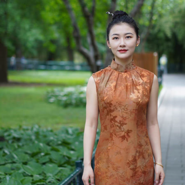 千帆旗袍 橘色晚霞 有省修身肩开襟扎染提花透孔罗旗袍