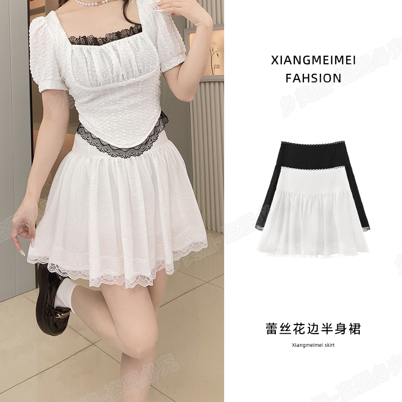 蕾丝花边半身裙夏季芭蕾风裙子高腰显瘦a字短裙防走光裙裤白色