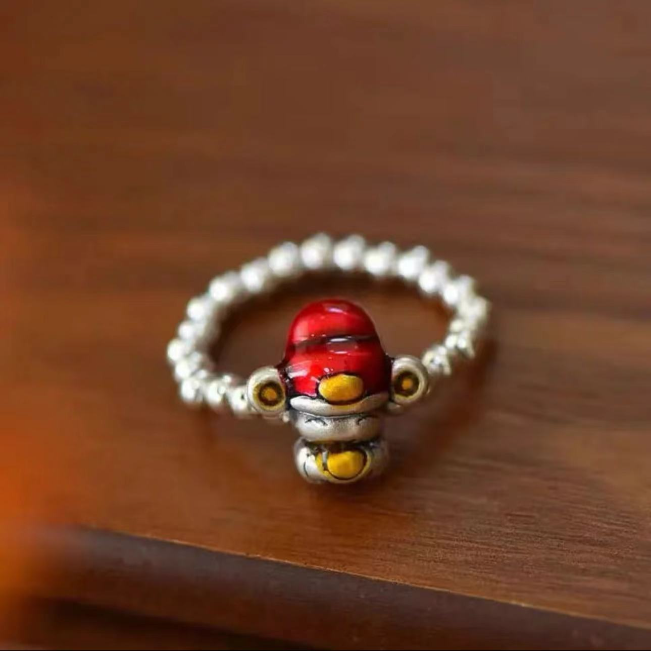 足银戒指 足银999财神爷五福戒指搭配925银光珠招财进宝弹力