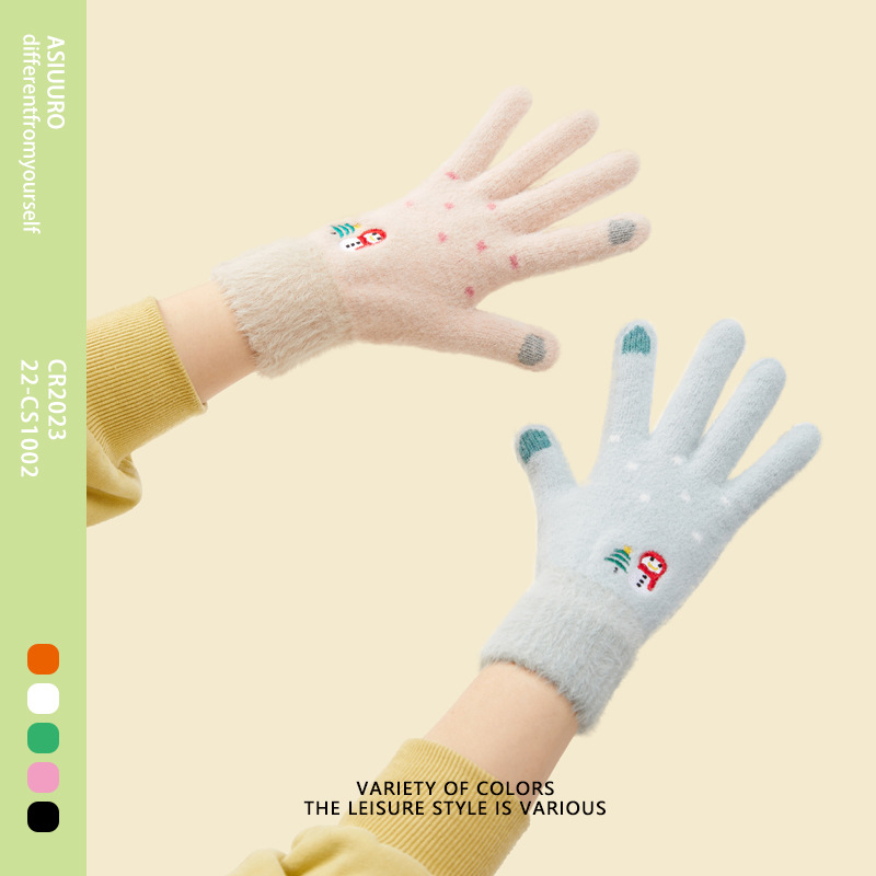 手套女冬季加厚学生冬天防寒保暖可爱骑车女士五指触屏棉手套卡通