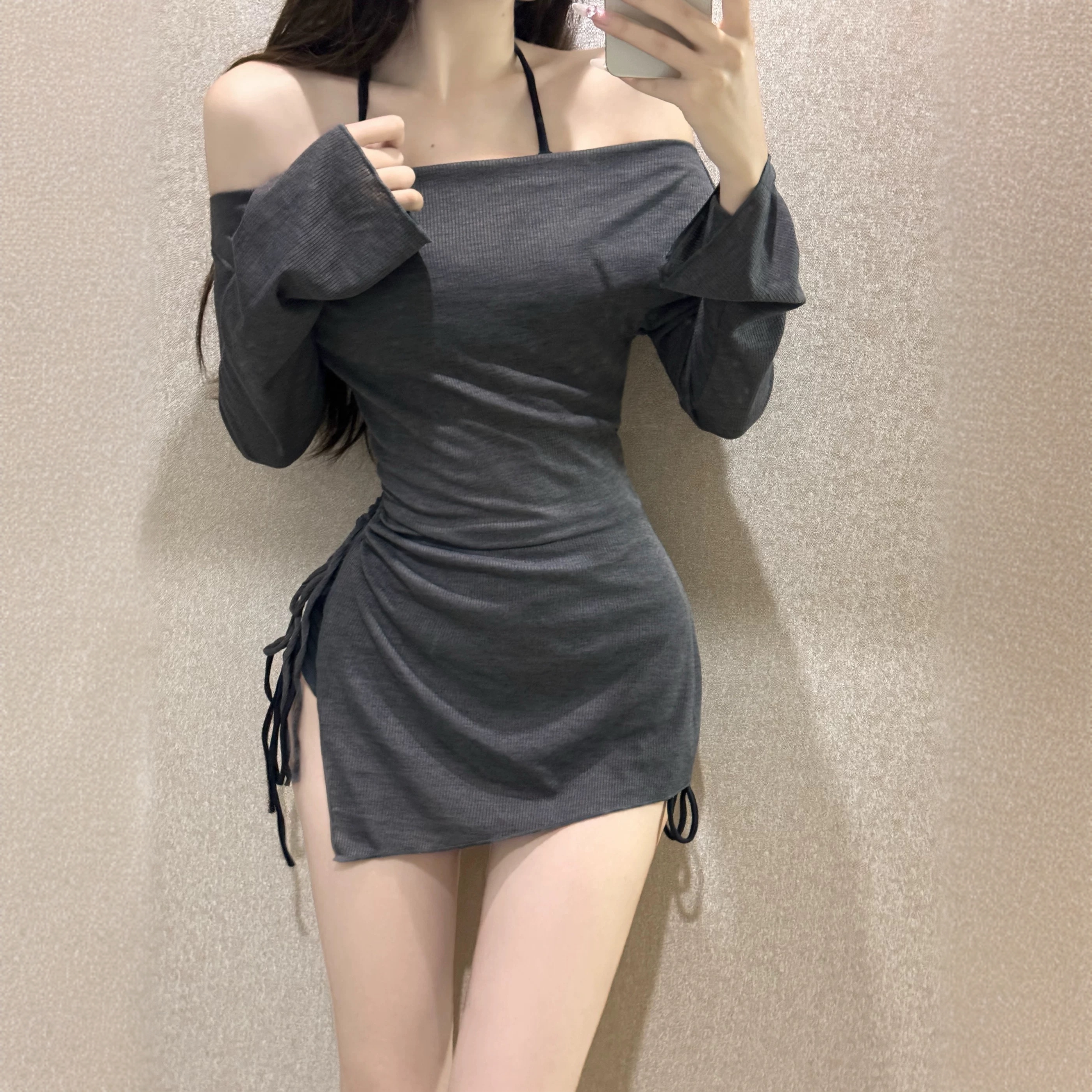 【灰色】高级感分体显瘦性感保守平角收腰遮肚温泉度假泳衣三件套