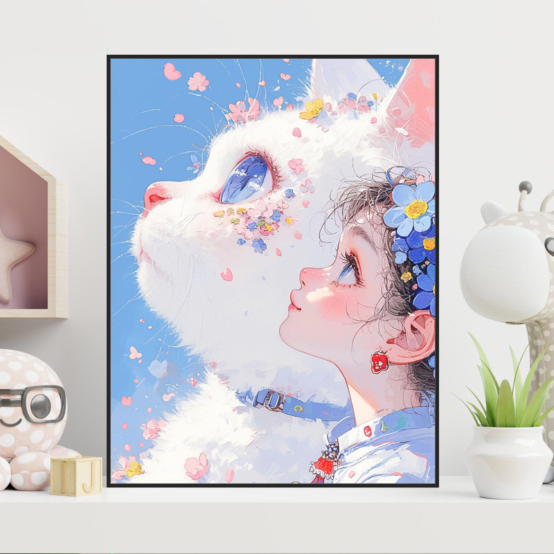 DIY数字油画新款女孩和猫咪纯手绘解压丙烯环保零基础手工填色画