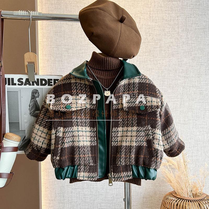 【西野画廊】拼接加绒外套2025冬季新款男宝格子气质休闲外套