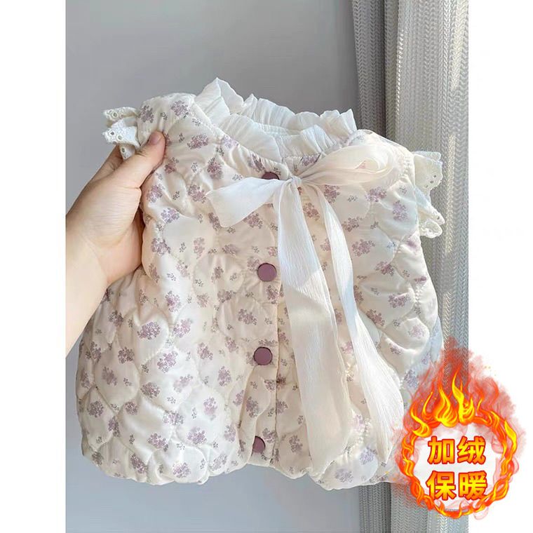 女童秋冬马甲洋气网红碎花夹棉绗棉花边背心配套打底衣两件套