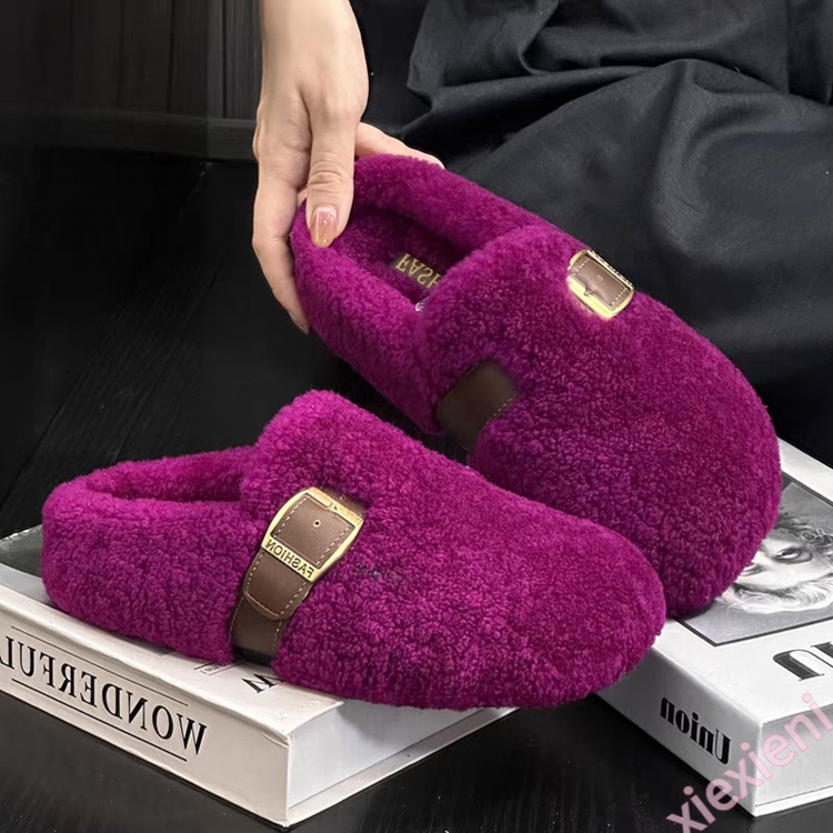 羊羔绒毛毛拖鞋女外穿包头毛毛半拖鞋丑萌鞋秋冬加绒保暖加棉拖鞋