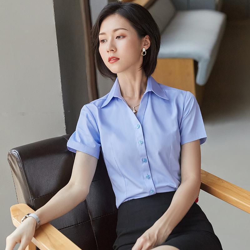 女士高端高级感短袖收腰工作服工装正装职业装蓝色衬衣衬衫女款夏