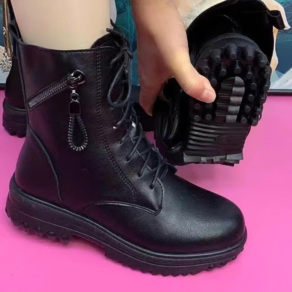 厚底防滑冬季保暖女马丁靴时尚加绒秋冬加厚靴子女士马丁靴真皮