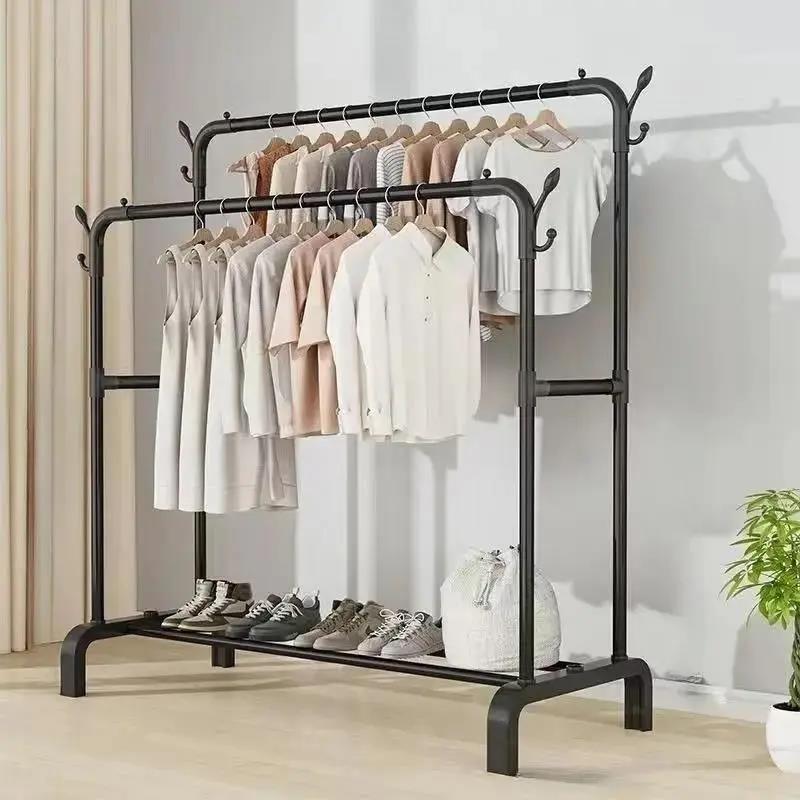 简易衣架落地立式家用双排晾衣架卧室阳台庭院出租房宿舍挂晒衣架