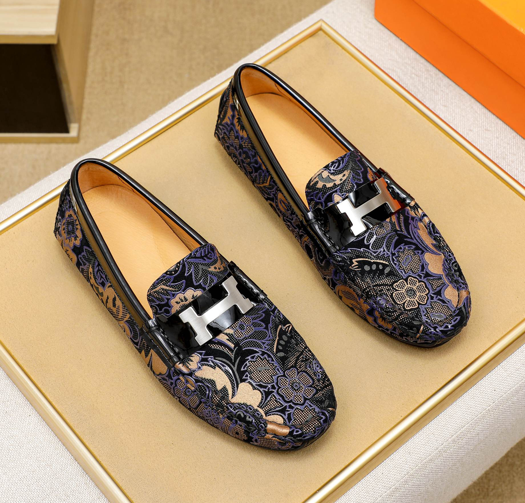 欧洲站新款蓝色真皮豆豆鞋男时尚驾车鞋懒人鞋乐福鞋百搭潮流男鞋