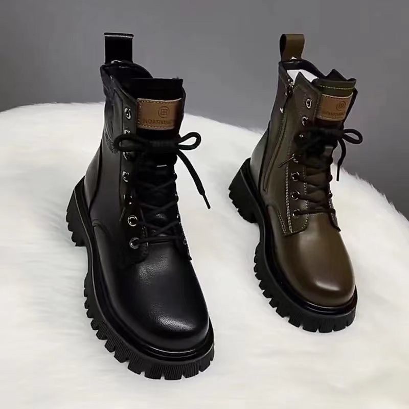 红蜻蜓牌爆款真软皮厚底软底复古马丁靴女加绒秋冬季2023新款英伦