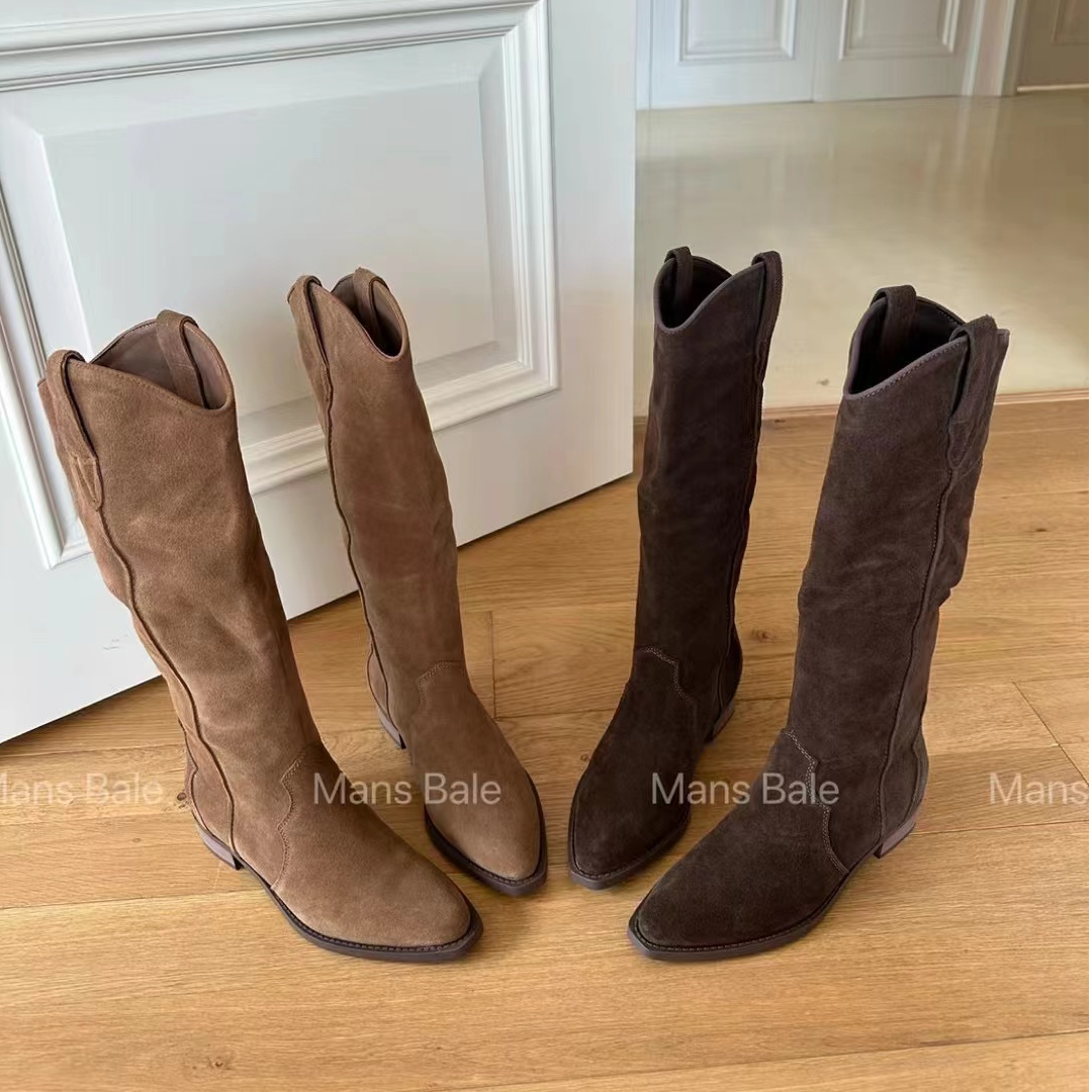 3470-30秋冬女鞋欧美时尚复古真皮V口西部靴平跟尖头长靴