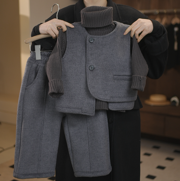 【两个小盆友】秋冬儿童韩版童装纯色休闲时尚中性洋气毛呢套装6365