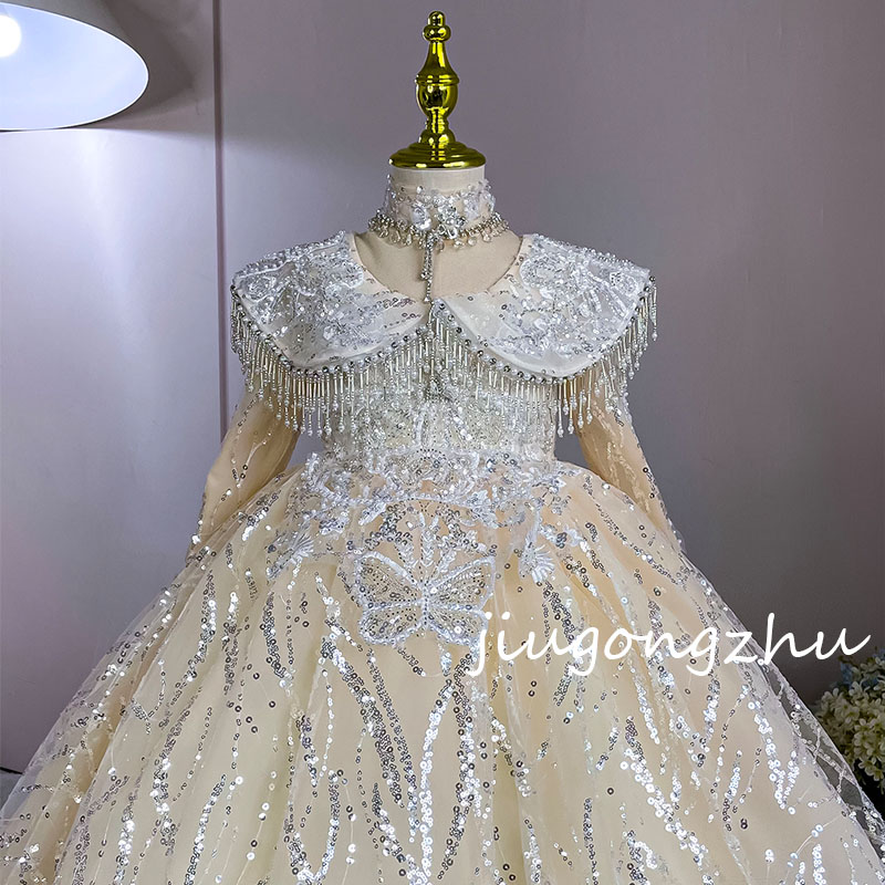 【黄金战袍】女童公主裙主持人钢琴演出服花童轻奢气质拖尾宴会儿童