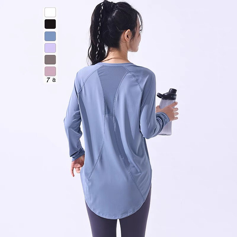 时尚长袖健身服女速干过臀长款运动T恤女大码胖mm宽松瑜伽上衣