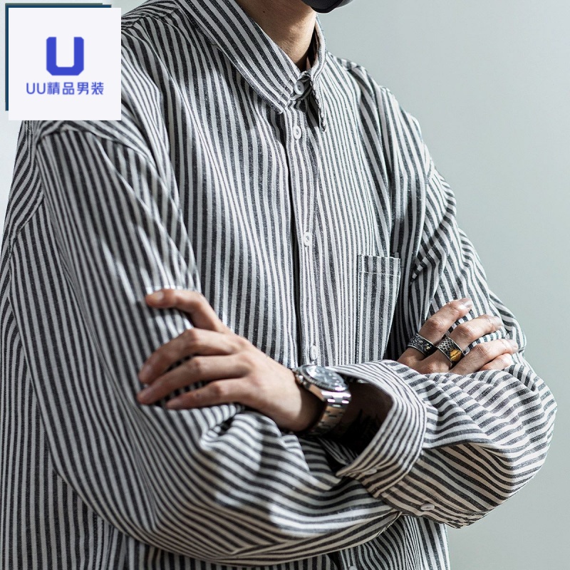 牛津纺工装美式复古内搭竖条纹衬衫翻领灰色长袖阿美咔叽衬衣秋冬