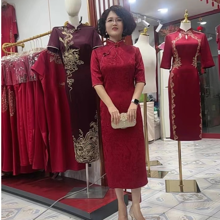 秋季显瘦中国风旗袍气质新娘高档酒红复古修身长款中式宴会