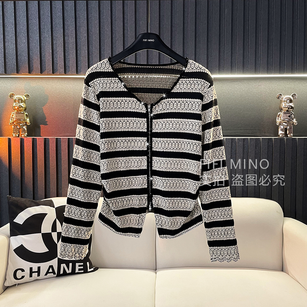 FIFI MINO 秋冬新款时尚洋气百搭显瘦条纹高定复古蕾丝开衫外套
