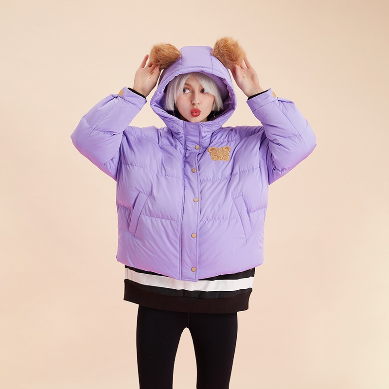 武汉（微瑕不退不换）白鸭绒毛绒宽松连帽羽绒服女|L20C-WSYR12 