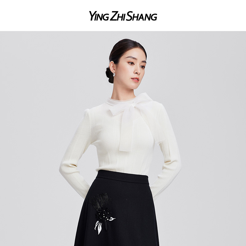 赢智尚2024秋新款奶油白高档绵羊毛短款针织衫女时尚修身ZZ00425