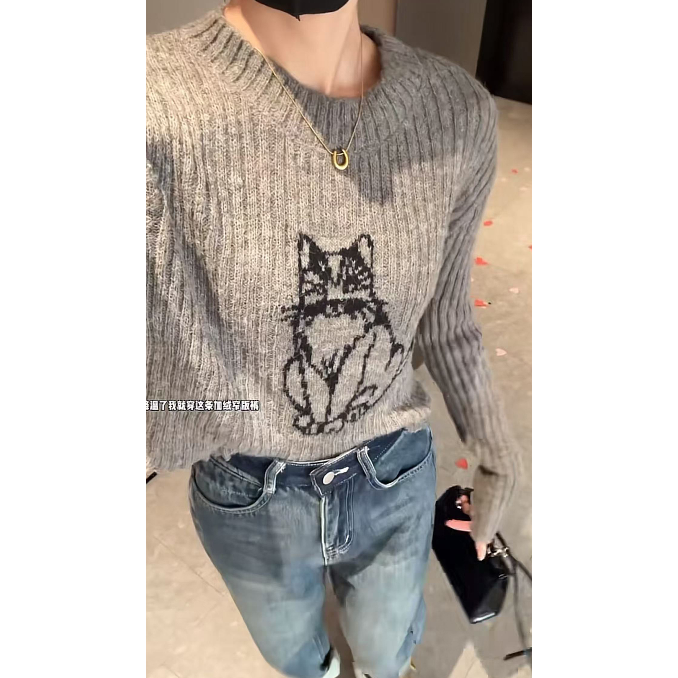 7443圆领印花长袖针织衫女秋季新款韩版百搭修身显瘦短款上衣