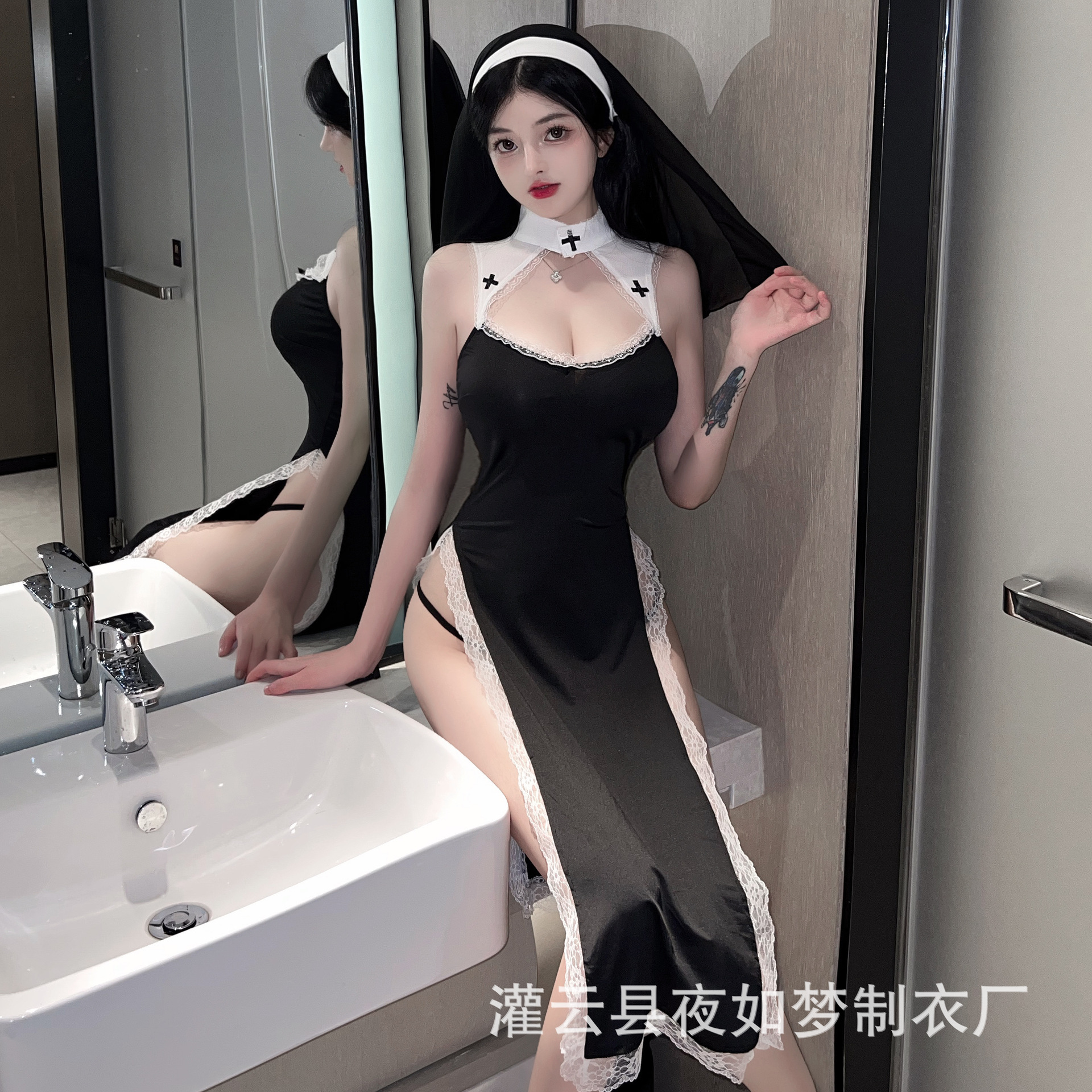 爱如如2024新款网红主播制服纯欲圣母玛利亚性感高开叉蕾丝连衣裙