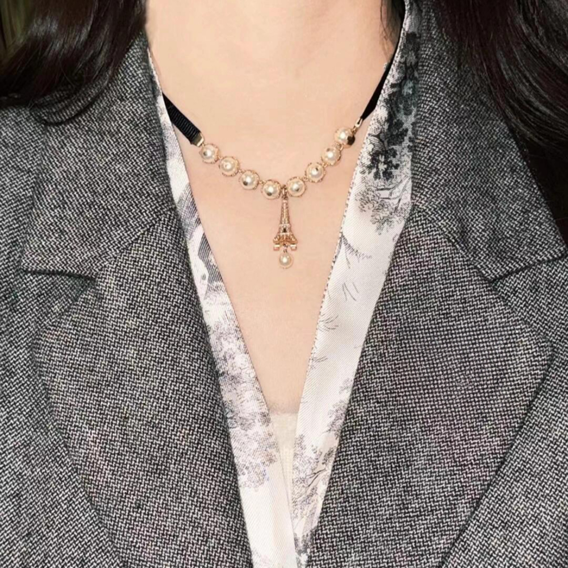 复古气质珠珠宝塔拼接黑绳锁骨项链KG8420