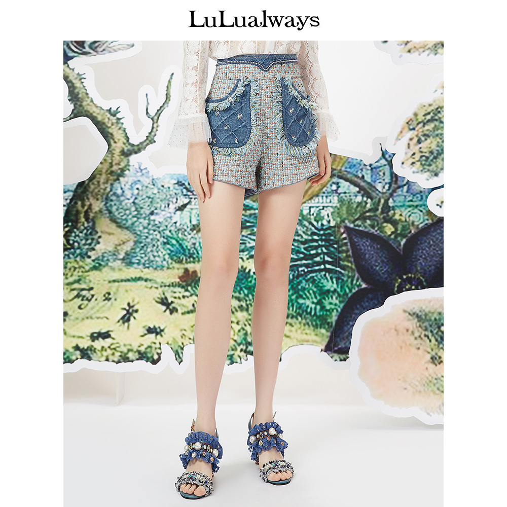 LULUALWAYS 春季 拼接牛仔小香风高腰短裤 LMA3006