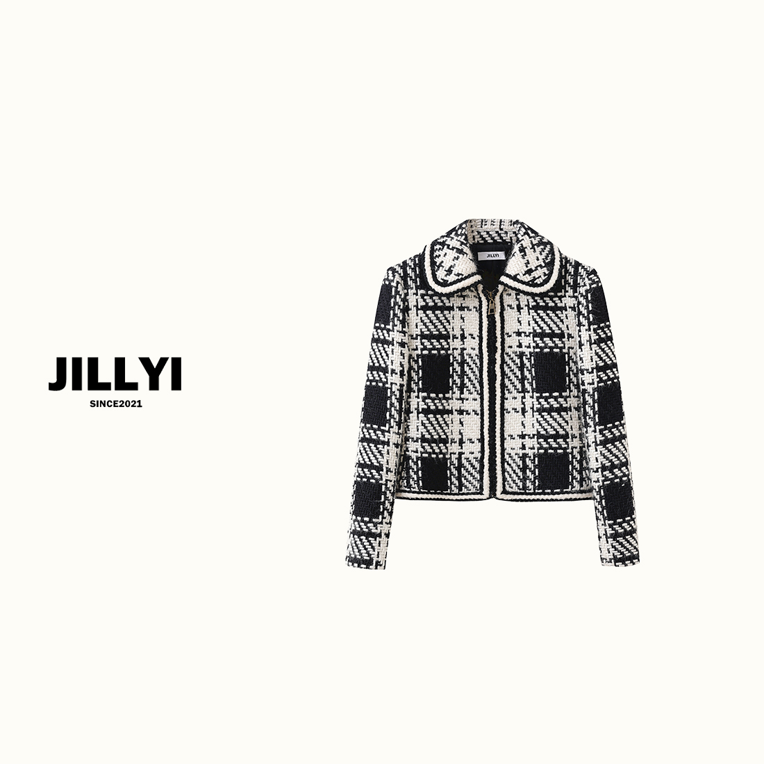 jillyi【黑白格】黑白格子外套气质时尚大翻领版本家粗花呢秋冬