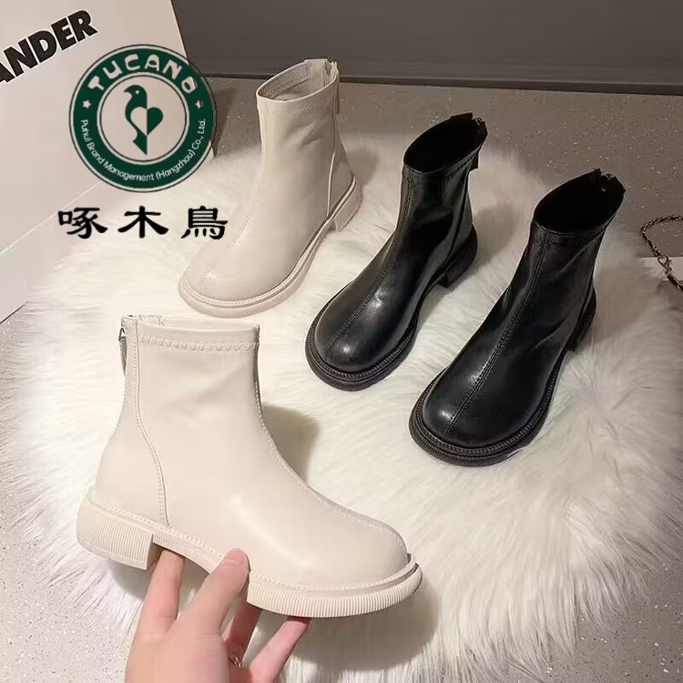啄木鸟真皮短靴女2023秋季新款时尚百搭潮流英伦风方跟短筒马丁靴