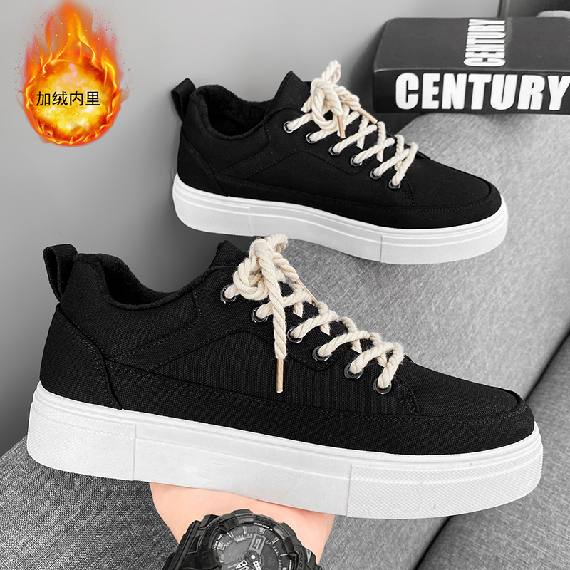 帆布男鞋休闲板鞋加厚加绒保暖棉鞋软底运动黑色潮