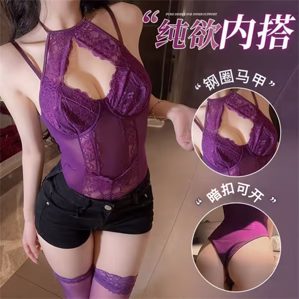 【揽月】性感蕾丝带钢圈棉胸垫睡衣迷人辣妹修身纯欲家居服