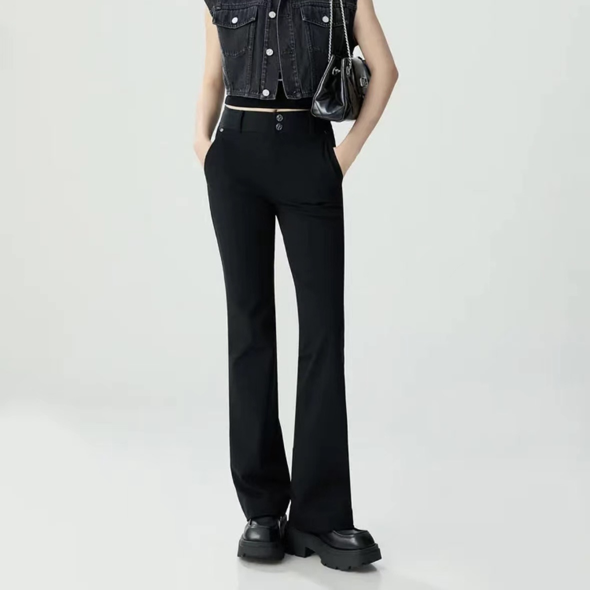 GIRDEAR/哥弟女装时尚百搭高腰双排扣紧身微喇裤长裤女1100512