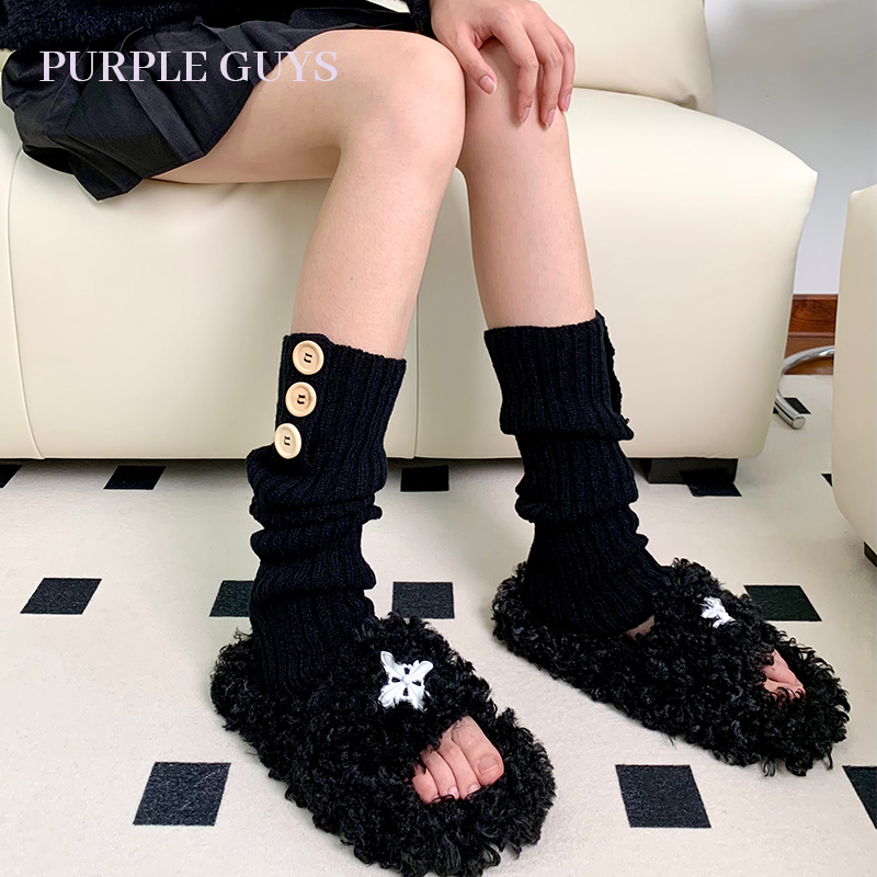 purple guys纯色纽扣袜套女款秋冬日系甜美jk风针织小腿套堆堆袜
