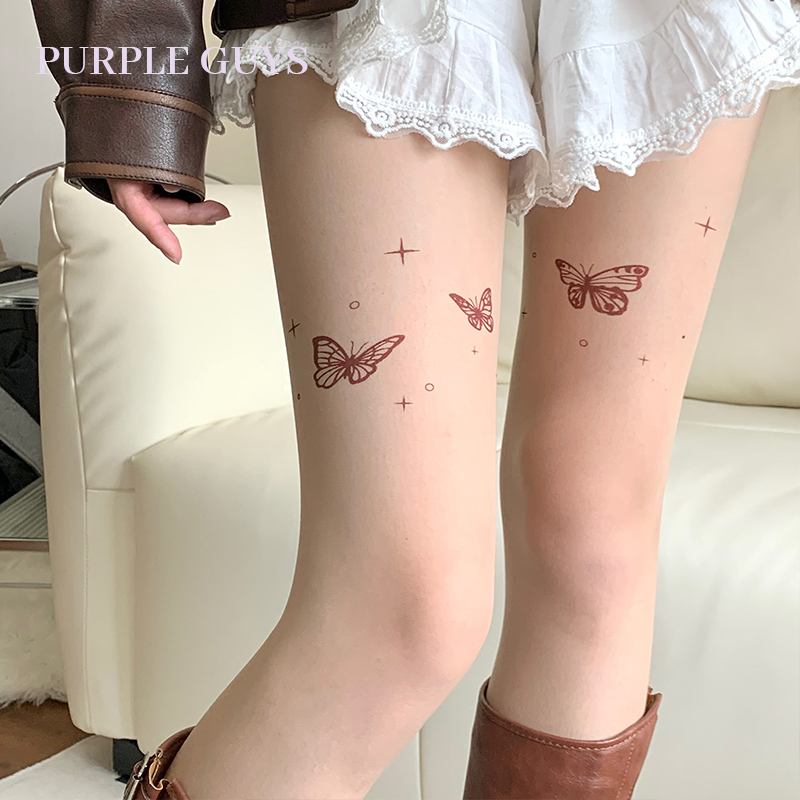 purpleguys蝴蝶印花肉色丝袜女辣妹纯欲白丝薄款防勾丝打底连裤袜