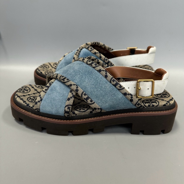 99新 TORY BURCH/汤丽柏琦 204老花 交叉 系扣 厚底凉鞋