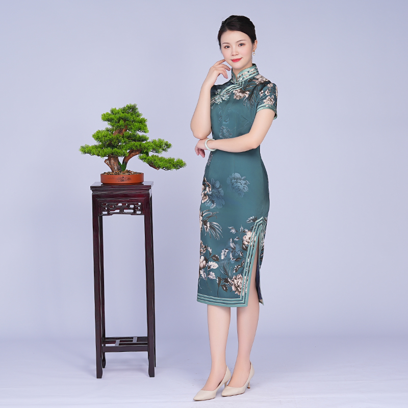 手工旗袍53128 金吴针全开襟旗袍裙气质优雅修身显瘦日常夏中长款