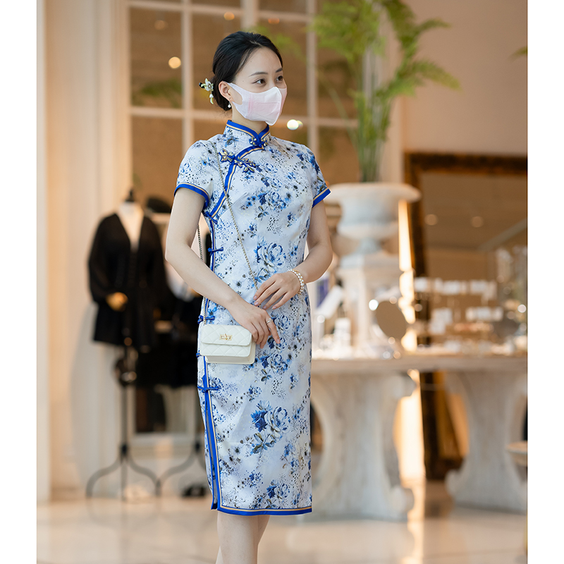 金吴针 53494 夏季手工旗袍印花中国风气质优雅中式修身显瘦日常